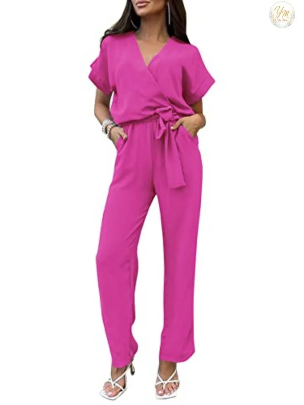 Wide Leg Wrap Jumpsuit with Belt & Pockets - Dressy Summer Romper